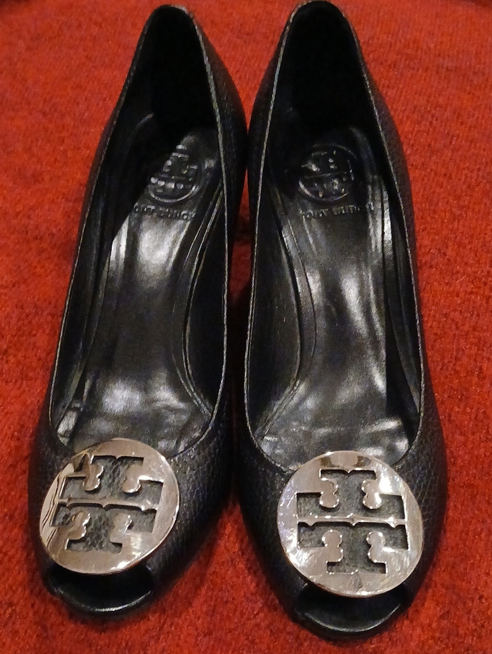 Tory Burch Black Leather Peep-Toe Heels with Gold Logo Medallion.sent Me Offers